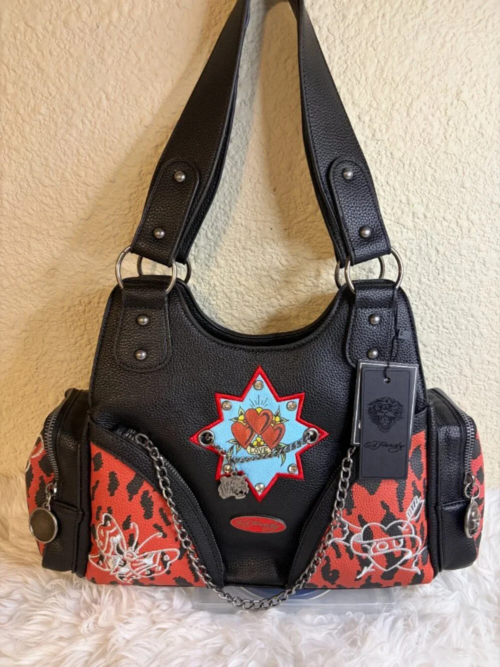 Ed Hardy Love Heart Tattoo Leopard Shoulder Satchel Purse Bag Black Red NWT